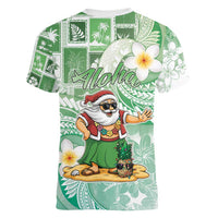 Hawaii Mele Kalikimaka Women V-Neck T-Shirt Hula Santa Retro Style Green - Polynesian Pride