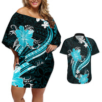 Aqua Polynesian Pattern With Tropical Flowers Couples Matching Off Shoulder Short Dress and Hawaiian Shirt LT05 Aqua - Polynesian Pride