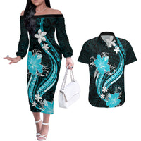 Aqua Polynesian Pattern With Tropical Flowers Couples Matching Off The Shoulder Long Sleeve Dress and Hawaiian Shirt LT05 Aqua - Polynesian Pride