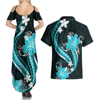 Aqua Polynesian Pattern With Tropical Flowers Couples Matching Summer Maxi Dress and Hawaiian Shirt LT05 - Polynesian Pride