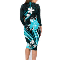 Aqua Polynesian Pattern With Tropical Flowers Family Matching Long Sleeve Bodycon Dress and Hawaiian Shirt LT05 - Polynesian Pride