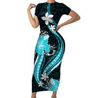 Aqua Polynesian Pattern With Tropical Flowers Family Matching Short Sleeve Bodycon Dress and Hawaiian Shirt LT05 Mom's Dress Aqua - Polynesian Pride