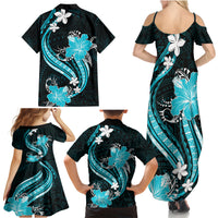 Aqua Polynesian Pattern With Tropical Flowers Family Matching Summer Maxi Dress and Hawaiian Shirt LT05 - Polynesian Pride
