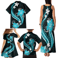 Aqua Polynesian Pattern With Tropical Flowers Family Matching Tank Maxi Dress and Hawaiian Shirt LT05 - Polynesian Pride
