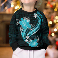 Aqua Polynesian Pattern With Tropical Flowers Kid Ugly Christmas Sweater