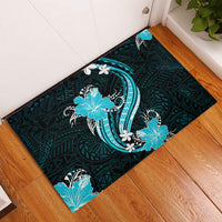 Aqua Polynesian Pattern With Tropical Flowers Rubber Doormat LT05 Aqua - Polynesian Pride
