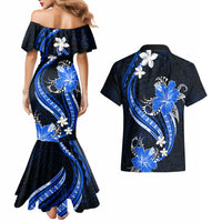 Blue Polynesian Pattern With Tropical Flowers Couples Matching Mermaid Dress and Hawaiian Shirt LT05 - Polynesian Pride