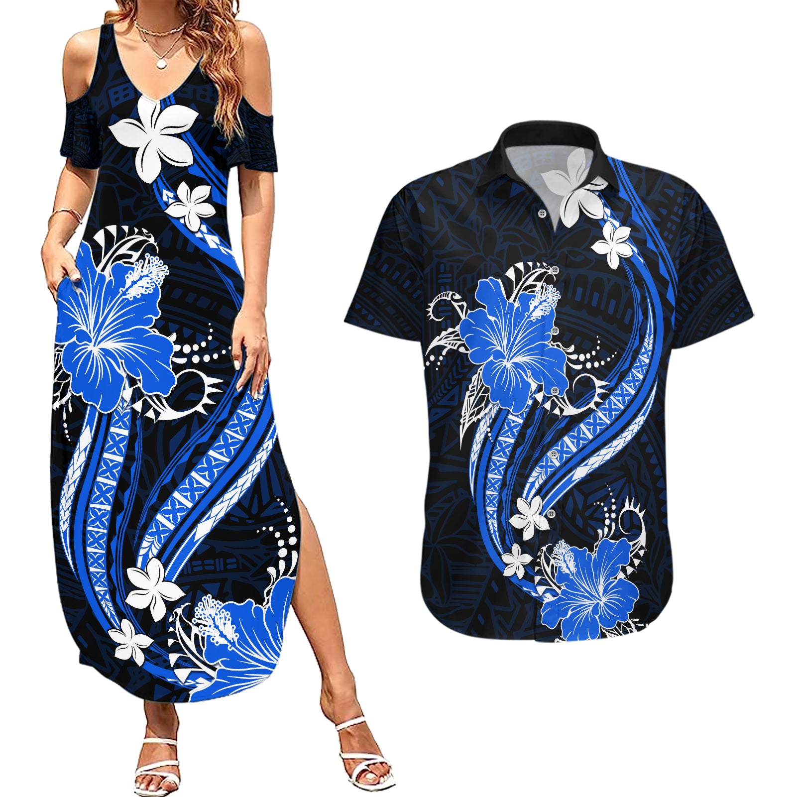 Blue Polynesian Pattern With Tropical Flowers Couples Matching Summer Maxi Dress and Hawaiian Shirt LT05 Blue - Polynesian Pride