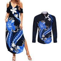 Blue Polynesian Pattern With Tropical Flowers Couples Matching Summer Maxi Dress and Long Sleeve Button Shirt LT05 Blue - Polynesian Pride