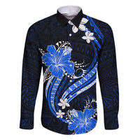 Blue Polynesian Pattern With Tropical Flowers Family Matching Long Sleeve Bodycon Dress and Hawaiian Shirt LT05 Dad's Shirt - Long Sleeve Blue - Polynesian Pride