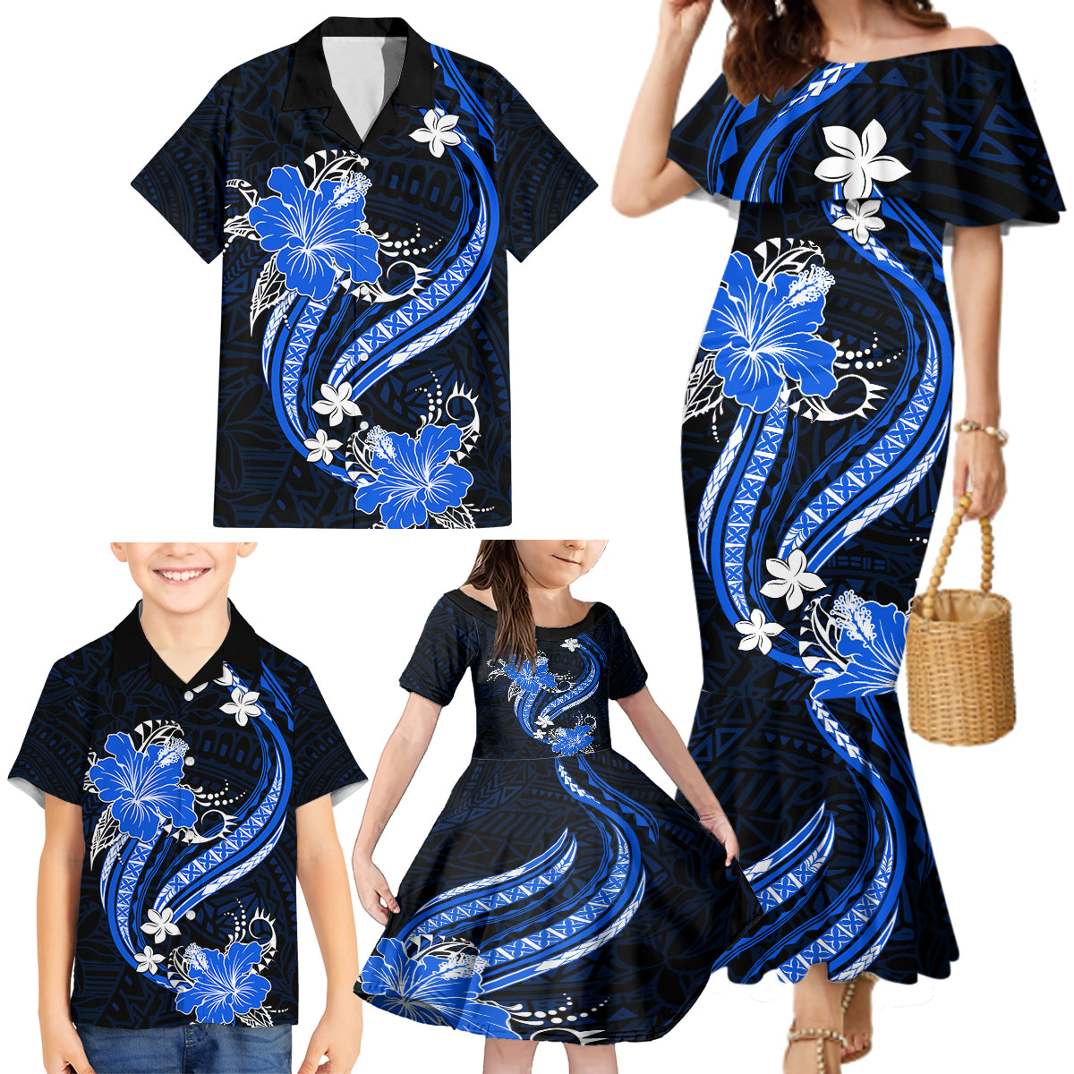 Blue Polynesian Pattern With Tropical Flowers Family Matching Mermaid Dress and Hawaiian Shirt LT05 - Polynesian Pride