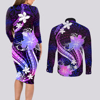 Galaxy Polynesian Pattern With Tropical Flowers Couples Matching Long Sleeve Bodycon Dress and Long Sleeve Button Shirt LT05 - Polynesian Pride