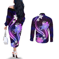 Galaxy Polynesian Pattern With Tropical Flowers Couples Matching Off The Shoulder Long Sleeve Dress and Long Sleeve Button Shirt LT05 - Polynesian Pride