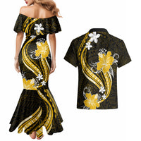 Gold Polynesian Pattern With Tropical Flowers Couples Matching Mermaid Dress and Hawaiian Shirt LT05 - Polynesian Pride