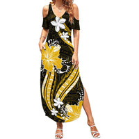 Gold Polynesian Pattern With Tropical Flowers Family Matching Summer Maxi Dress and Hawaiian Shirt LT05 Mom's Dress Gold - Polynesian Pride