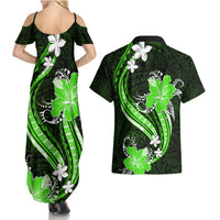 Green Polynesian Pattern With Tropical Flowers Couples Matching Summer Maxi Dress and Hawaiian Shirt LT05 - Polynesian Pride