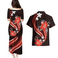 Red Polynesian Pattern With Tropical Flowers Couples Matching Puletasi Dress and Hawaiian Shirt LT05 - Polynesian Pride