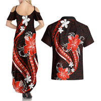 Red Polynesian Pattern With Tropical Flowers Couples Matching Summer Maxi Dress and Hawaiian Shirt LT05 - Polynesian Pride