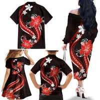 Red Polynesian Pattern With Tropical Flowers Family Matching Off Shoulder Long Sleeve Dress and Hawaiian Shirt LT05 - Polynesian Pride