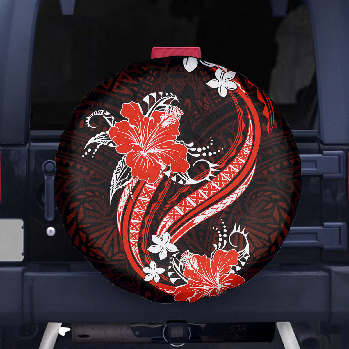 Red Polynesian Pattern With Tropical Flowers Spare Tire Cover LT05 Red - Polynesian Pride