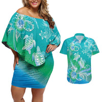 Polynesia Sea Turtle Couple Couples Matching Off Shoulder Short Dress and Hawaiian Shirt I Am Turtley In Love With You