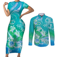 Polynesia Sea Turtle Couple Couples Matching Short Sleeve Bodycon Dress and Long Sleeve Button Shirt I Am Turtley In Love With You