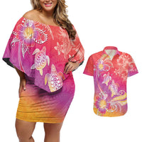 Polynesia Sea Turtle Couple Couples Matching Off Shoulder Short Dress and Hawaiian Shirt One Soul One Love
