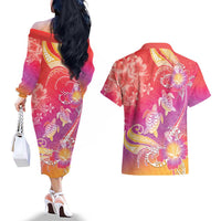 Polynesia Sea Turtle Couple Couples Matching Off The Shoulder Long Sleeve Dress and Hawaiian Shirt One Soul One Love