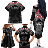 New Zealand Aotearoa Family Matching Off The Shoulder Long Sleeve Dress and Hawaiian Shirt Traditional Kapa Haka