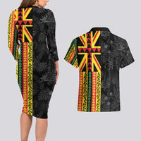 Hawaii Maoli Spirit Couples Matching Long Sleeve Bodycon Dress and Hawaiian Shirt Kakau Pattern With Flower Lei - Polynesian Pride