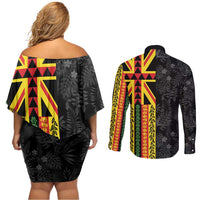 Hawaii Maoli Spirit Couples Matching Off Shoulder Short Dress and Long Sleeve Button Shirt Kakau Pattern With Flower Lei - Polynesian Pride