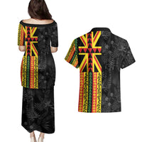 Hawaii Maoli Spirit Couples Matching Puletasi and Hawaiian Shirt Kakau Pattern With Flower Lei - Polynesian Pride