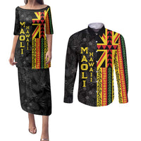 Hawaii Maoli Spirit Couples Matching Puletasi and Long Sleeve Button Shirt Kakau Pattern With Flower Lei - Polynesian Pride