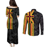 Hawaii Maoli Spirit Couples Matching Puletasi and Long Sleeve Button Shirt Kakau Pattern With Flower Lei - Polynesian Pride