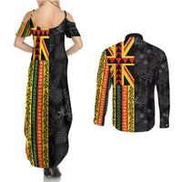 Hawaii Maoli Spirit Couples Matching Summer Maxi Dress and Long Sleeve Button Shirt Kakau Pattern With Flower Lei - Polynesian Pride