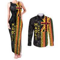 Hawaii Maoli Spirit Couples Matching Tank Maxi Dress and Long Sleeve Button Shirt Kakau Pattern With Flower Lei - Polynesian Pride