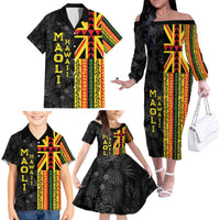 Hawaii Maoli Spirit Family Matching Off The Shoulder Long Sleeve Dress and Hawaiian Shirt Kakau Pattern With Flower Lei - Polynesian Pride