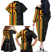 Hawaii Maoli Spirit Family Matching Off The Shoulder Long Sleeve Dress and Hawaiian Shirt Kakau Pattern With Flower Lei - Polynesian Pride