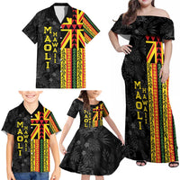 Hawaii Maoli Spirit Family Matching Off Shoulder Maxi Dress and Hawaiian Shirt Kakau Pattern With Flower Lei - Polynesian Pride