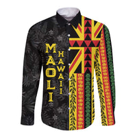Hawaii Maoli Spirit Long Sleeve Button Shirt Kakau Pattern With Flower Lei - Polynesian Pride
