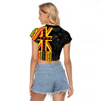 Hawaii Maoli Spirit Raglan Cropped T Shirt Kakau Pattern With Flower Lei - Polynesian Pride