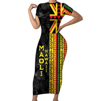 Hawaii Maoli Spirit Short Sleeve Bodycon Dress Kakau Pattern With Flower Lei LT05 Long Dress Black - Polynesian Pride