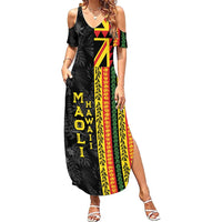 Hawaii Maoli Spirit Summer Maxi Dress Kakau Pattern With Flower Lei - Polynesian Pride