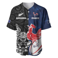 France And New Zealand Rugby Custom Baseball Jersey Les Bleus Rooster With Maori Tiki - Polynesian Pride