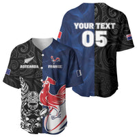 France And New Zealand Rugby Custom Baseball Jersey Les Bleus Rooster With Maori Tiki - Polynesian Pride