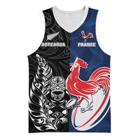 France And New Zealand Rugby Custom Basketball Jersey Les Bleus Rooster With Maori Tiki - Polynesian Pride