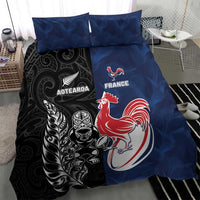 France And New Zealand Rugby Bedding Set Les Bleus Rooster With Maori Tiki - Polynesian Pride