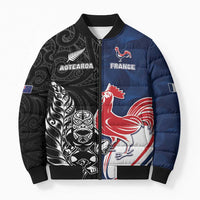 France And New Zealand Rugby Custom Bomber Puffer Jacket Les Bleus Rooster With Maori Tiki - Polynesian Pride