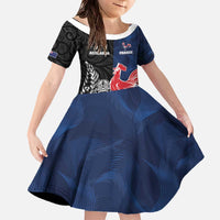 France And New Zealand Rugby Custom Family Matching Off The Shoulder Long Sleeve Dress and Hawaiian Shirt Les Bleus Rooster With Maori Tiki - Polynesian Pride