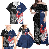 France And New Zealand Rugby Custom Family Matching Off Shoulder Maxi Dress and Hawaiian Shirt Les Bleus Rooster With Maori Tiki - Polynesian Pride